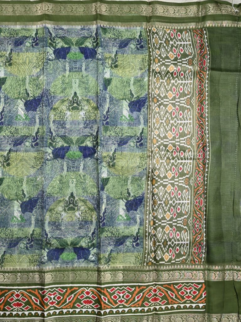 Silk kota fancy saree olive green color allover prints & zari printed border with printed pallu and plain blouse