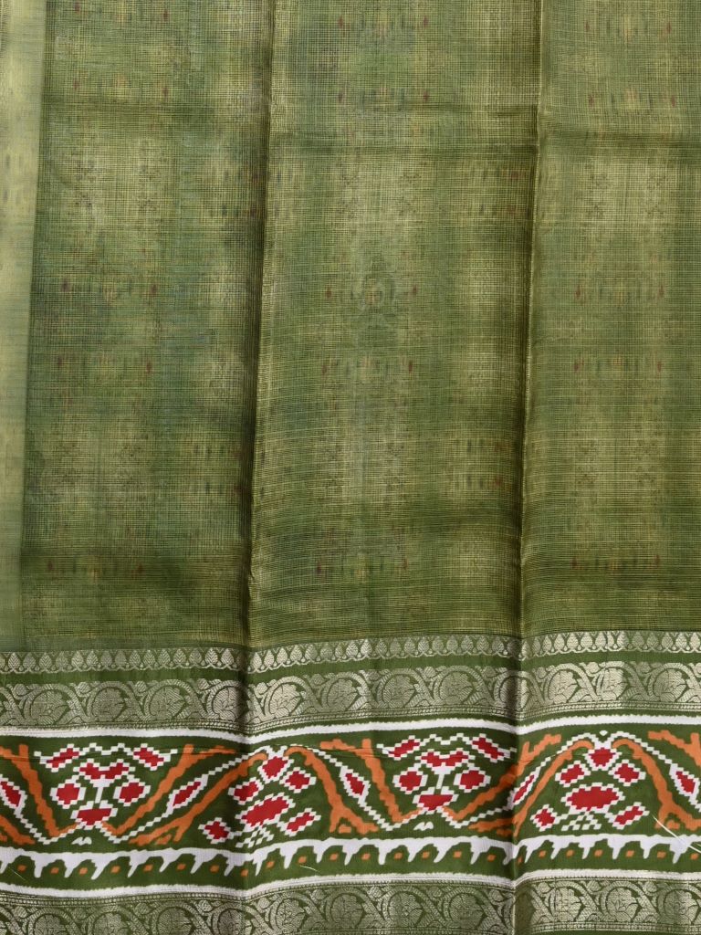 Silk kota fancy saree olive green color allover prints & zari printed border with printed pallu and plain blouse