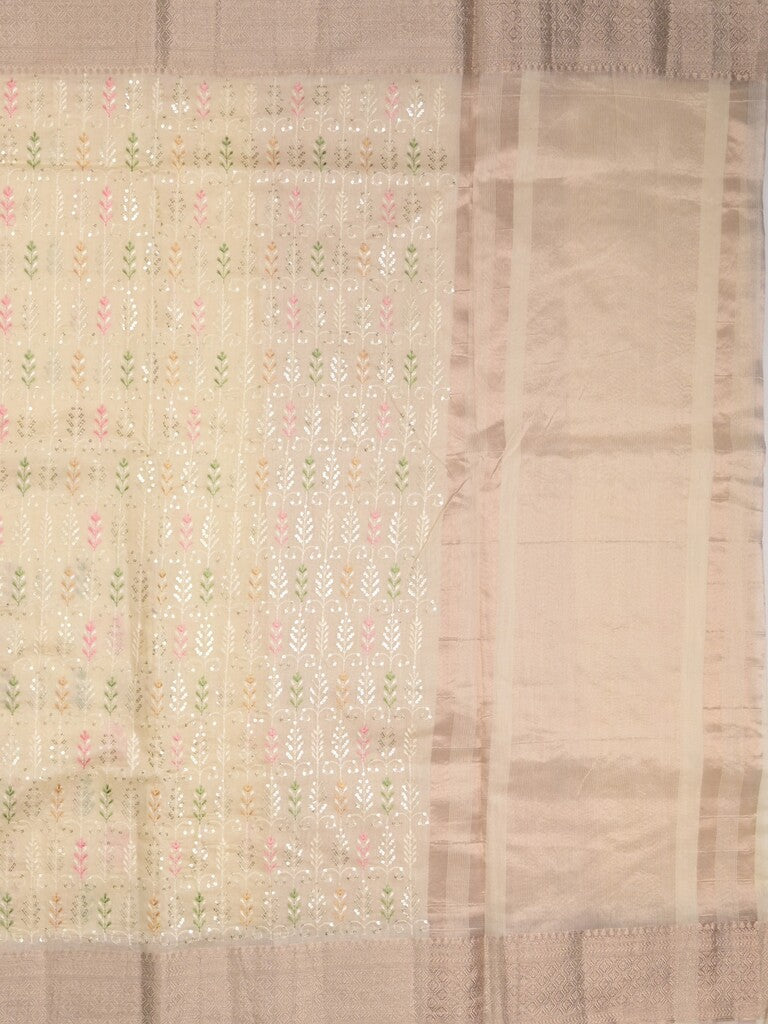 Chanderi fancy saree pastel yellow color allover embroidery & zari border with short zari pallu and attached plain blouse