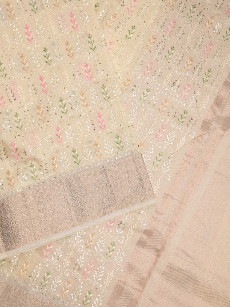 Chanderi fancy saree pastel yellow color allover embroidery & zari border with short zari pallu and attached plain blouse
