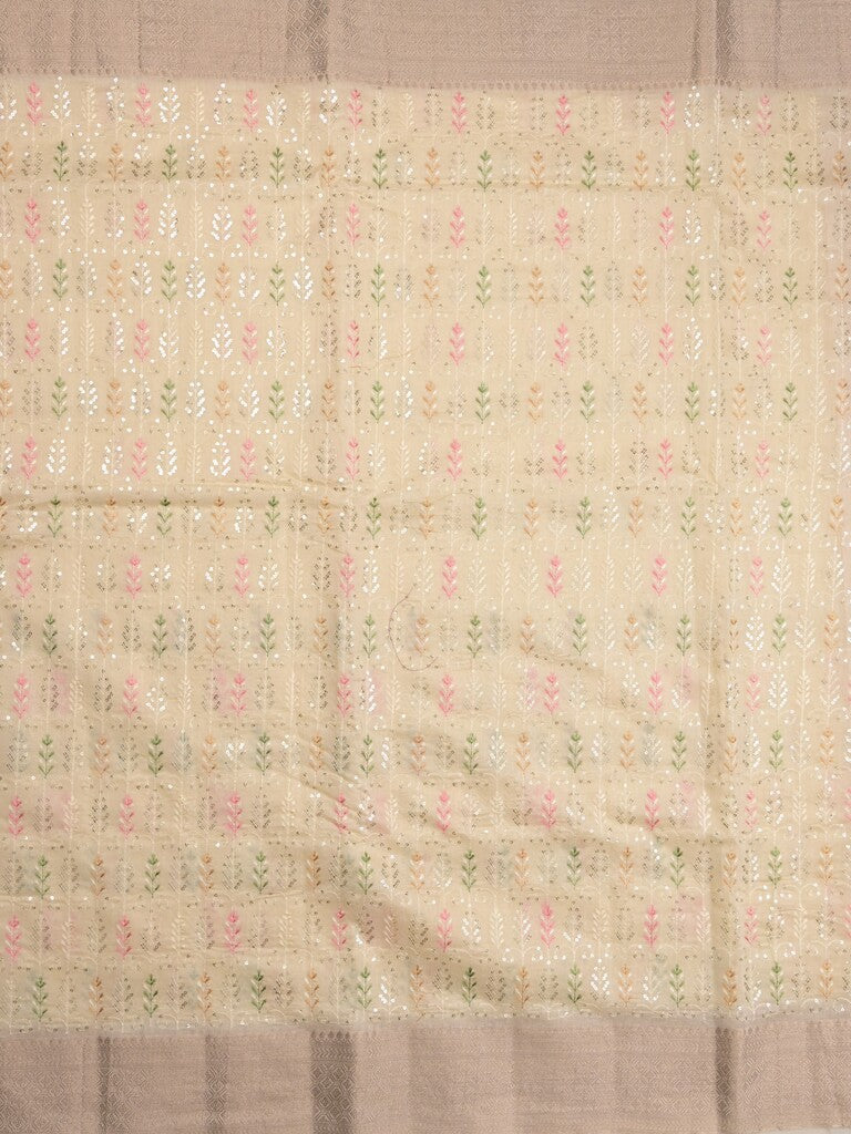 Chanderi fancy saree pastel yellow color allover embroidery & zari border with short zari pallu and attached plain blouse