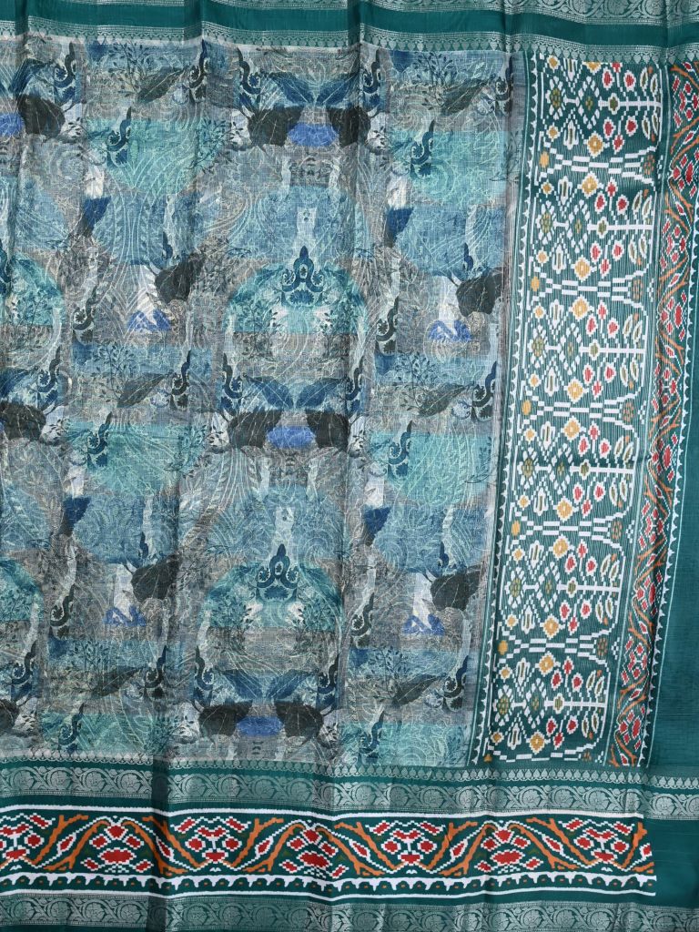 Silk kota fancy saree lux green color allover prints & zari printed border with printed pallu and plain blouse