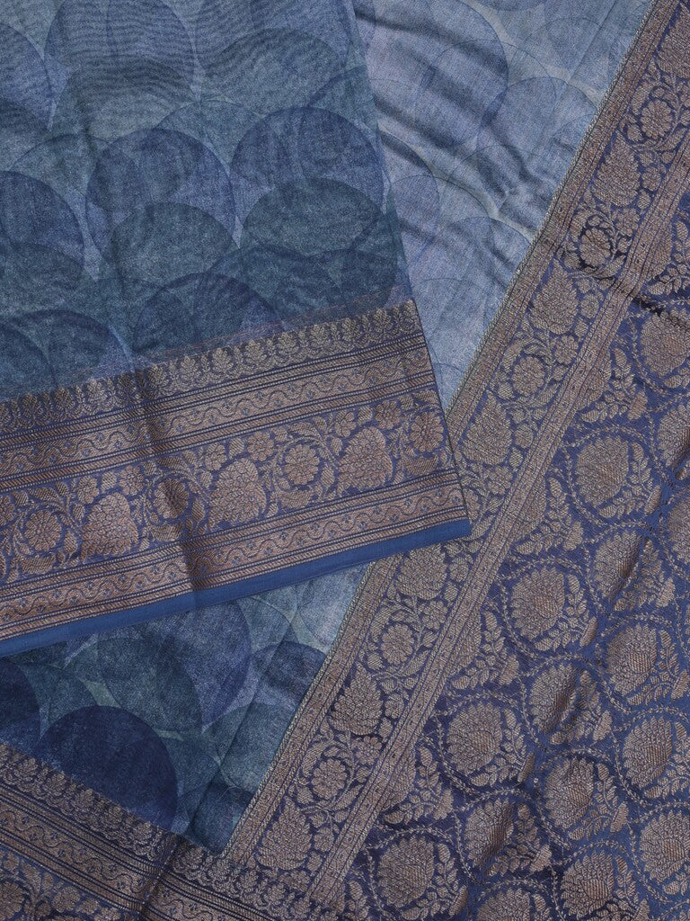 Maheshwari fancy saree navy blue color allover prints & zari border with rich pallu and attached plain blouse