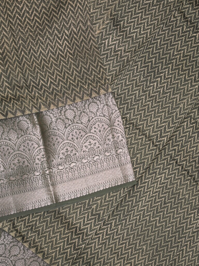 Maheshwari fancy saree grey color allover prints & zari border with zari pallu and attached plain blouse