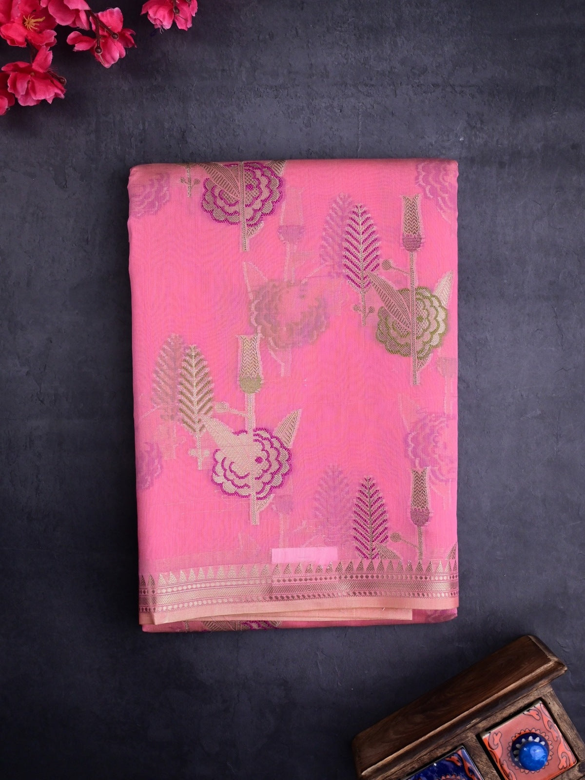 Chanderi fancy saree light pink color allover zari weaves & zari border with brocade pallu and brocade blouse