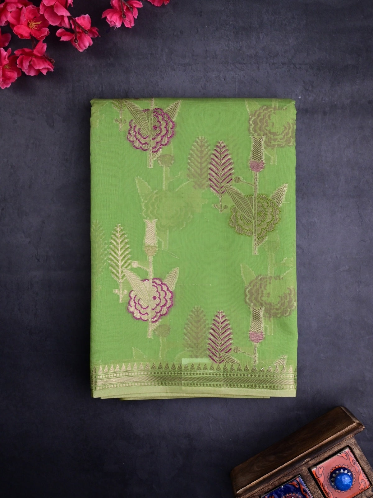 Chanderi fancy saree light green color allover zari weaves & zari border with brocade pallu and brocade blouse