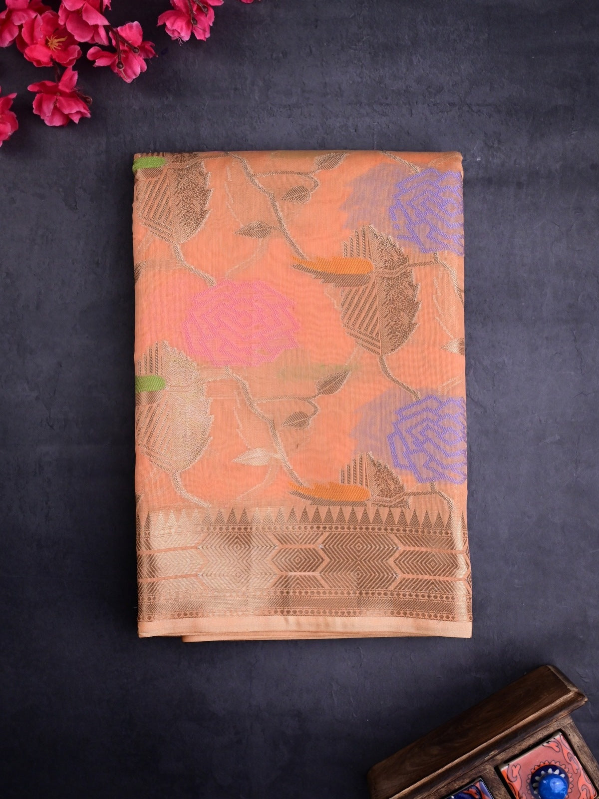 Chanderi fancy saree peach color allover zari weaves & zari border with brocade pallu and brocade blouse