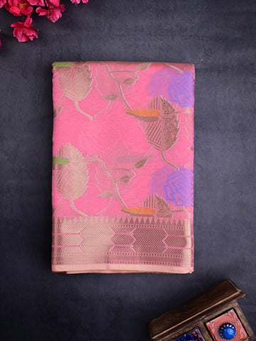 Chanderi fancy saree light pink color allover zari weaves & zari border with brocade pallu and brocade blouse