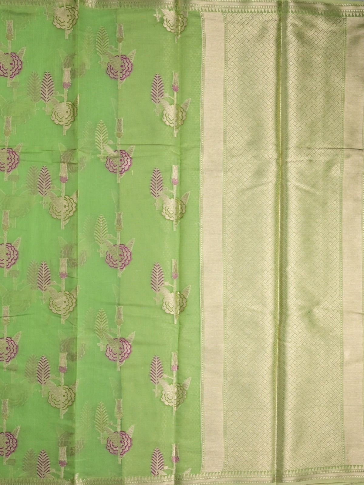 Chanderi fancy saree light green color allover zari weaves & zari border with brocade pallu and brocade blouse