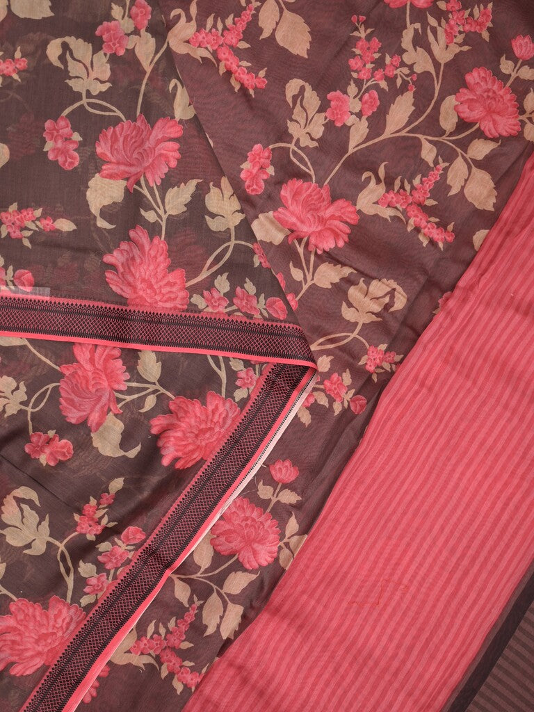 Maheshwari fancy saree brown color allover prints & zari border with short pallu and attached plain blouse