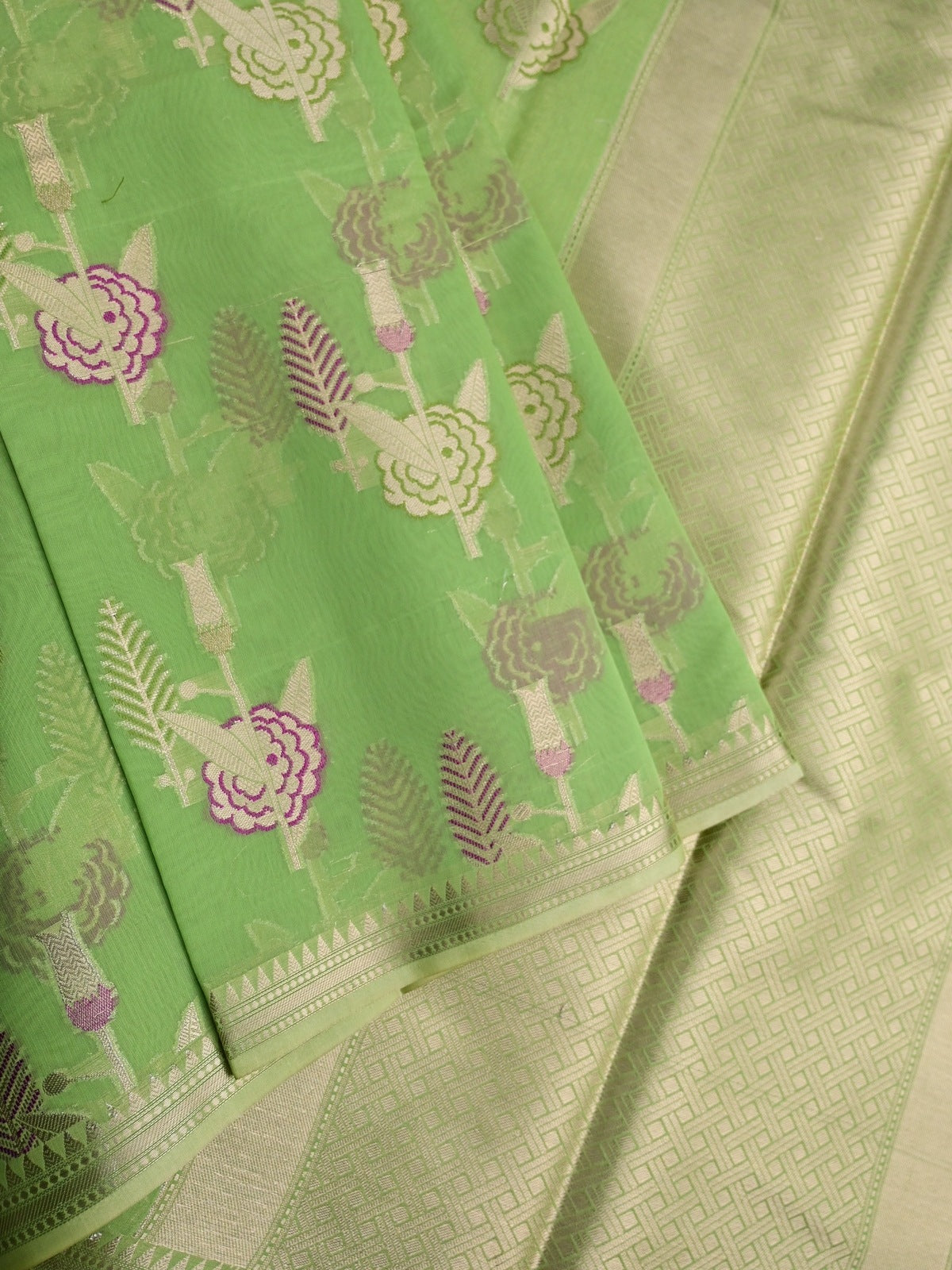 Chanderi fancy saree light green color allover zari weaves & zari border with brocade pallu and brocade blouse