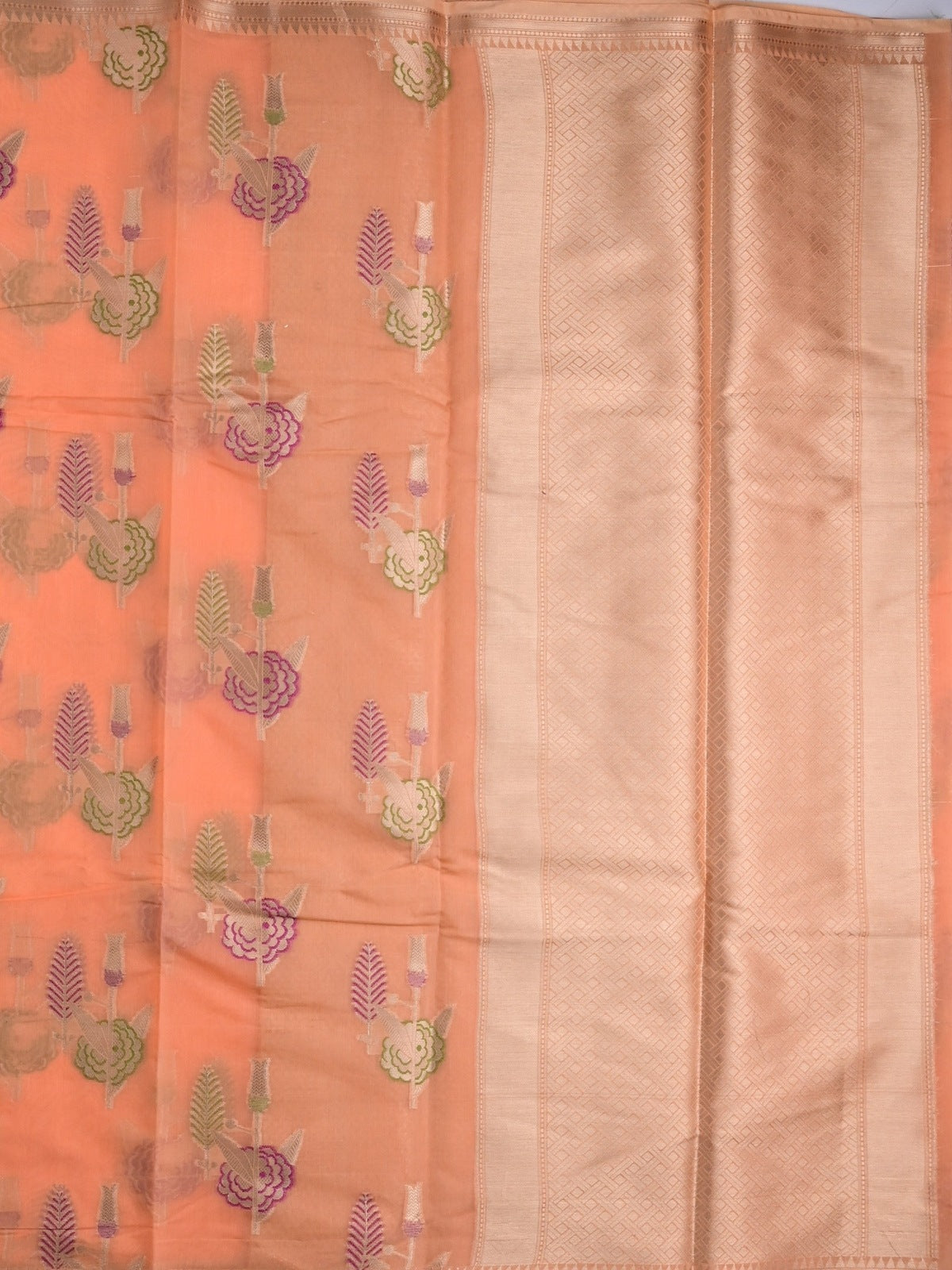 Chanderi fancy saree peach color allover zari weaves & zari border with brocade pallu and brocade blouse