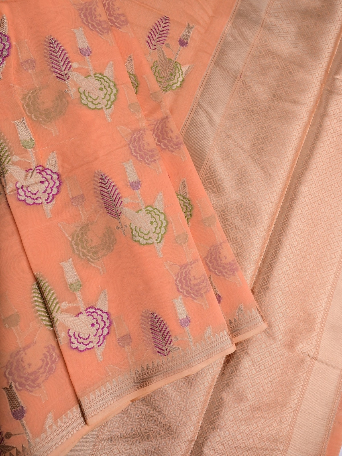 Chanderi fancy saree peach color allover zari weaves & zari border with brocade pallu and brocade blouse