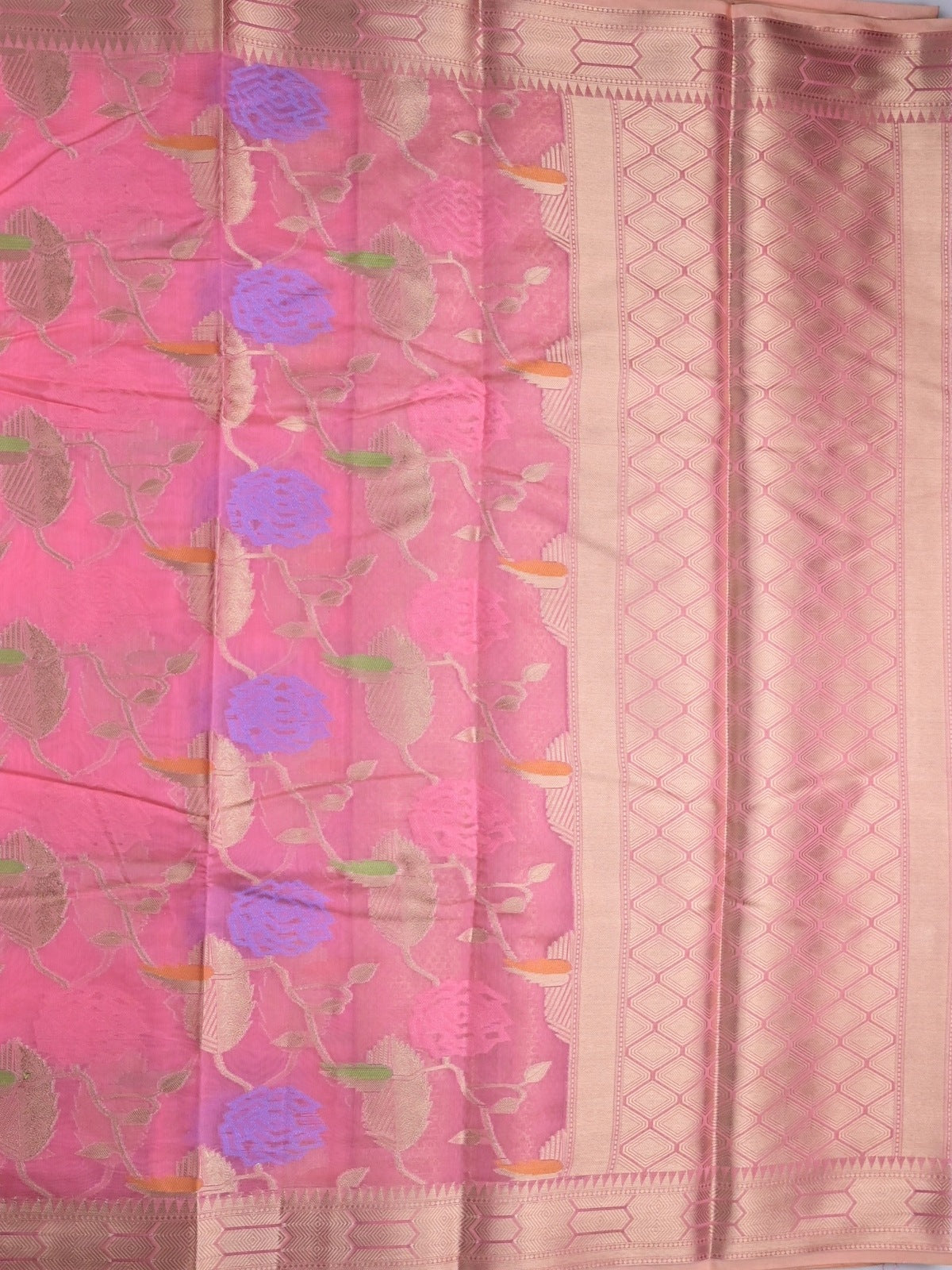 Chanderi fancy saree light pink color allover zari weaves & zari border with brocade pallu and brocade blouse