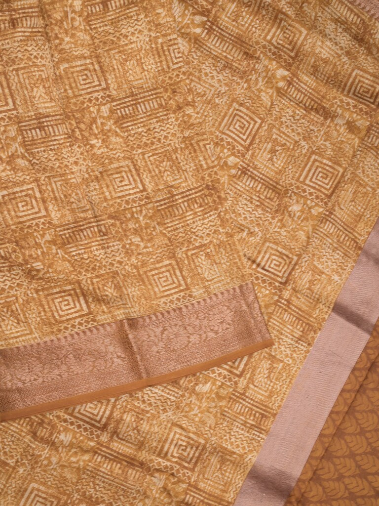Maheshwari fancy saree mustard yellow color allover prints & zari border with short pallu and attached plain blouse