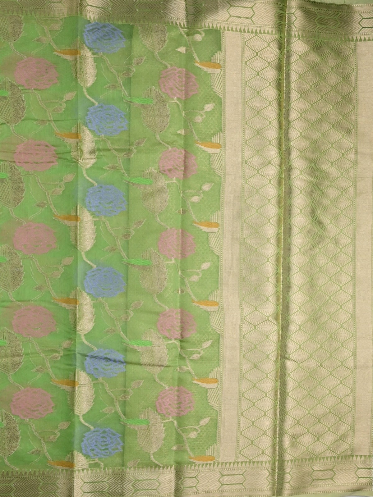 Chanderi fancy saree light green color allover zari weaves & zari border with brocade pallu and brocade blouse