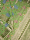 Chanderi fancy saree light green color allover zari weaves & zari border with brocade pallu and brocade blouse