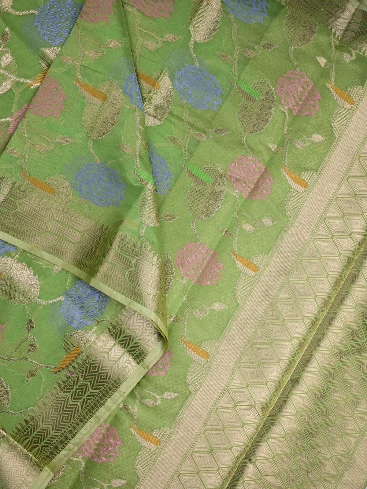 Chanderi fancy saree light green color allover zari weaves & zari border with brocade pallu and brocade blouse