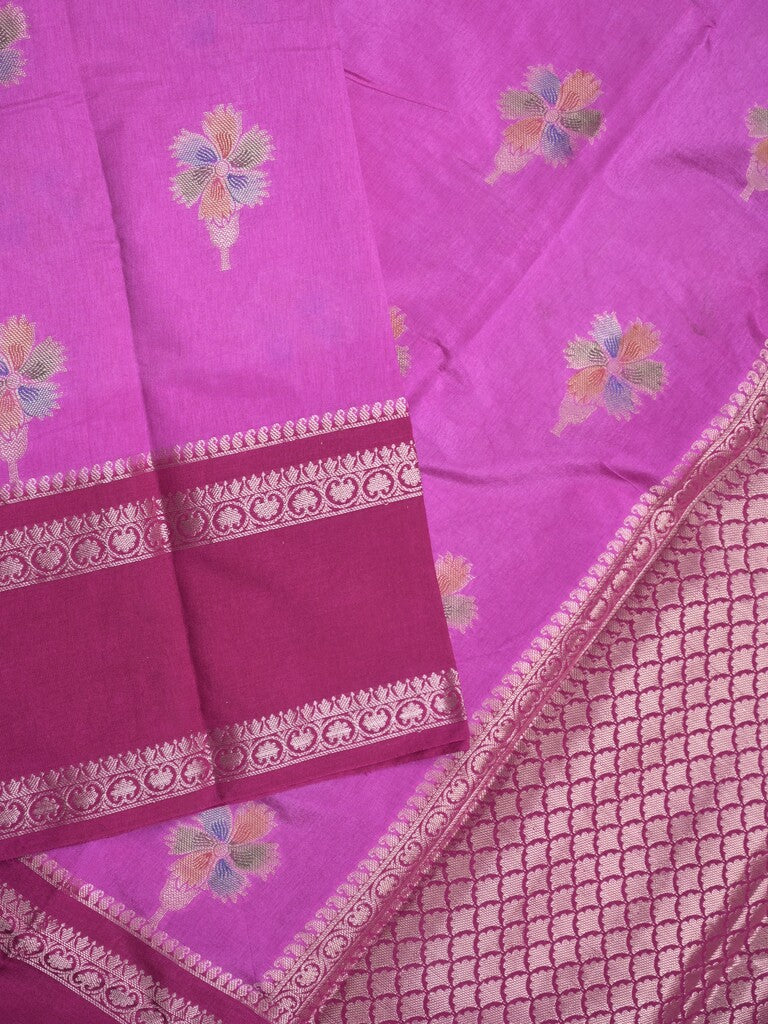 Banaras fancy saree purple color allover zari motifs & kaddi border with contrast brocade pallu and brocade blouse