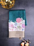 Tussar fancy saree dark green color allover plain & printed, zari border with short pallu and contrast printed blouse