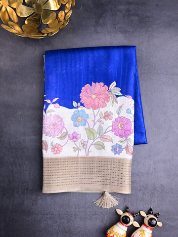 Tussar fancy saree royal blue color allover plain & printed, zari border with short pallu and contrast printed blouse