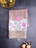 Tussar fancy saree beige color allover plain & printed, zari border with short pallu and contrast printed blouse