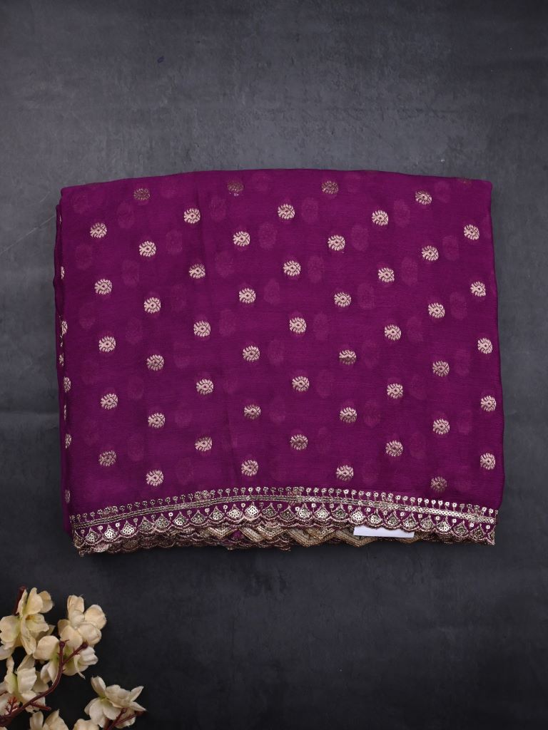 Chinnon fancy saree magenta color allover gold zari motifs & fancy border with running pallu and contrast blouse with zari motifs