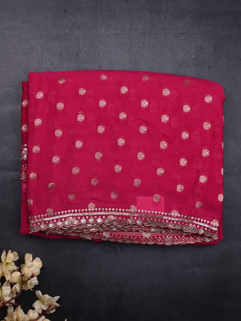 Chinnon fancy saree dark pink color allover gold zari motifs & fancy border with running pallu and contrast blouse with zari motifs