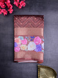 Organza tissue fancy saree brown color allover zari motifs & printed zari border with short pallu and printed blouse