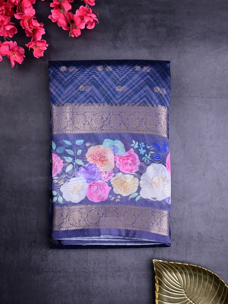 Organza tissue fancy saree royal blue color allover zari motifs & printed zari border with short pallu and printed blouse