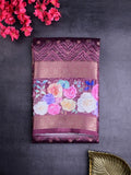 Organza tissue fancy saree wine color allover zari motifs & printed zari border with short pallu and printed blouse