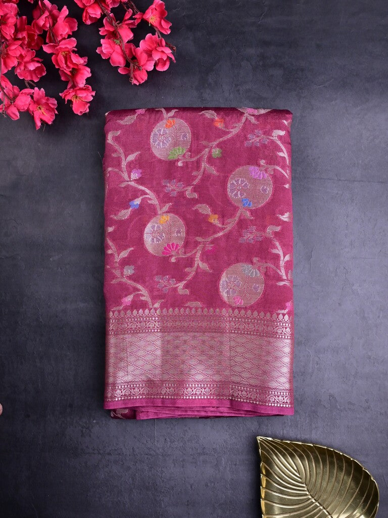 Raw mango silk fancy saree rose pink color allover zari weaves & zari border with short brocade pallu and attached blouse