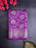 Raw mango silk fancy saree purple color allover zari weaves & zari border with short brocade pallu and attached blouse