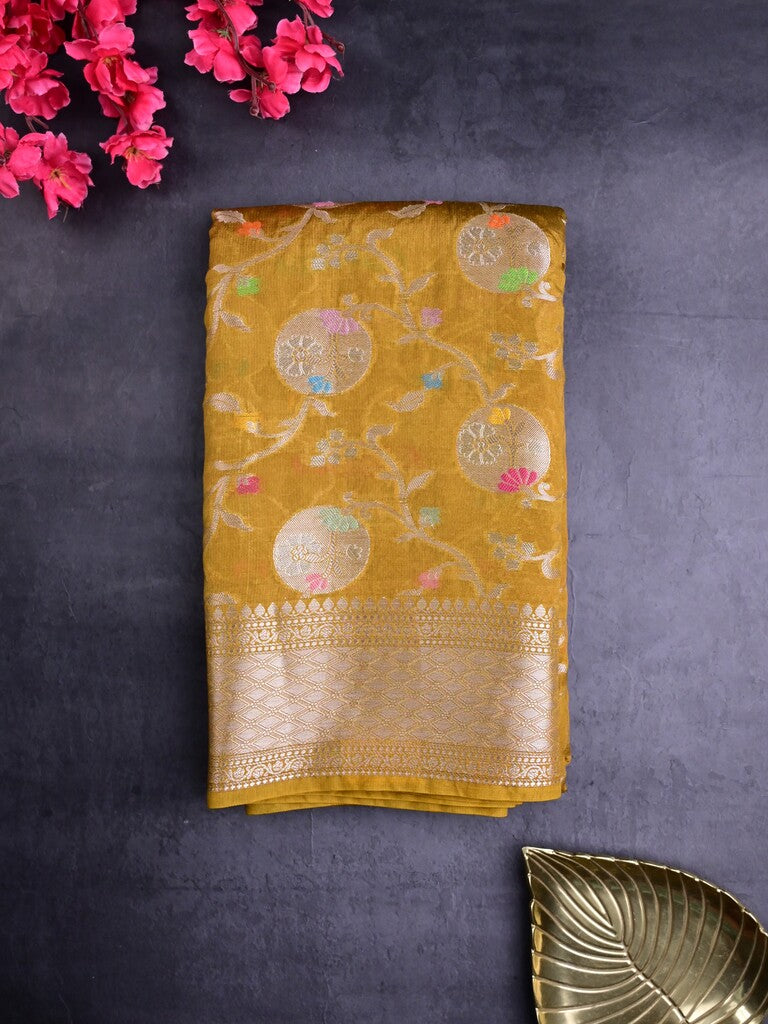 Raw mango silk fancy saree mustard yellow color allover zari weaves & zari border with short brocade pallu and attached blouse