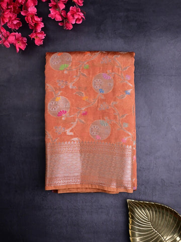 Raw mango silk fancy saree orange color allover zari weaves & zari border with short brocade pallu and attached blouse