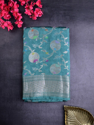 Raw mango silk fancy saree light blue color allover zari weaves & zari border with short brocade pallu and attached blouse