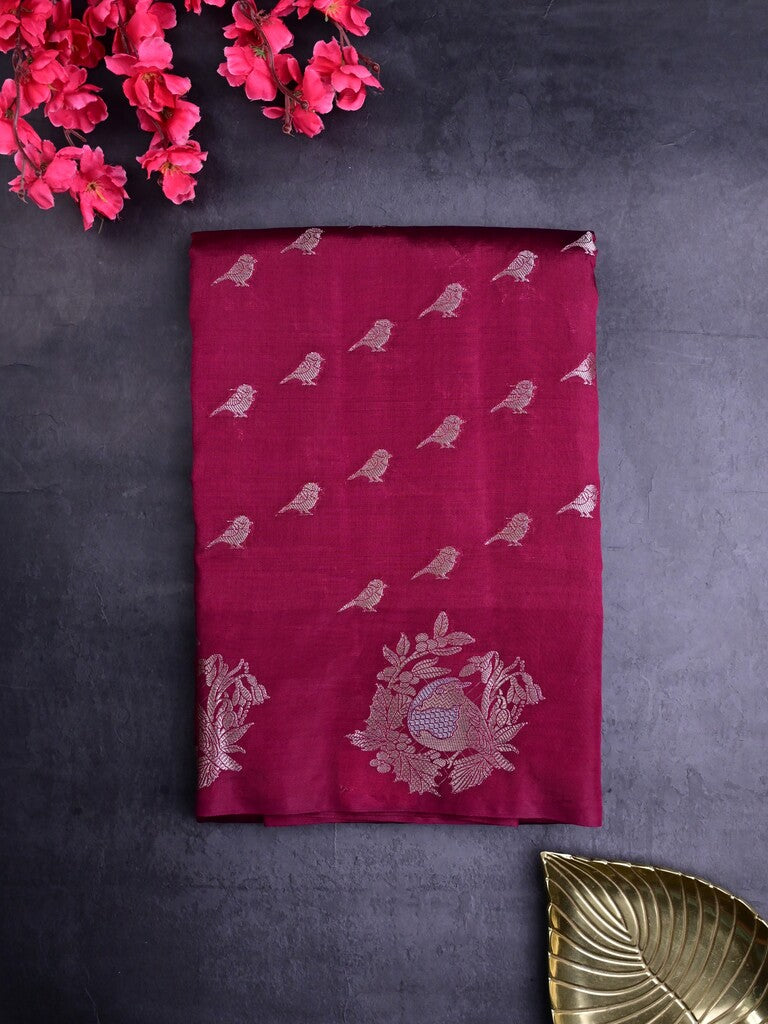 Raw mango silk fancy saree maroon color allover zari weaves & zari border with short brocade pallu and brocade blouse