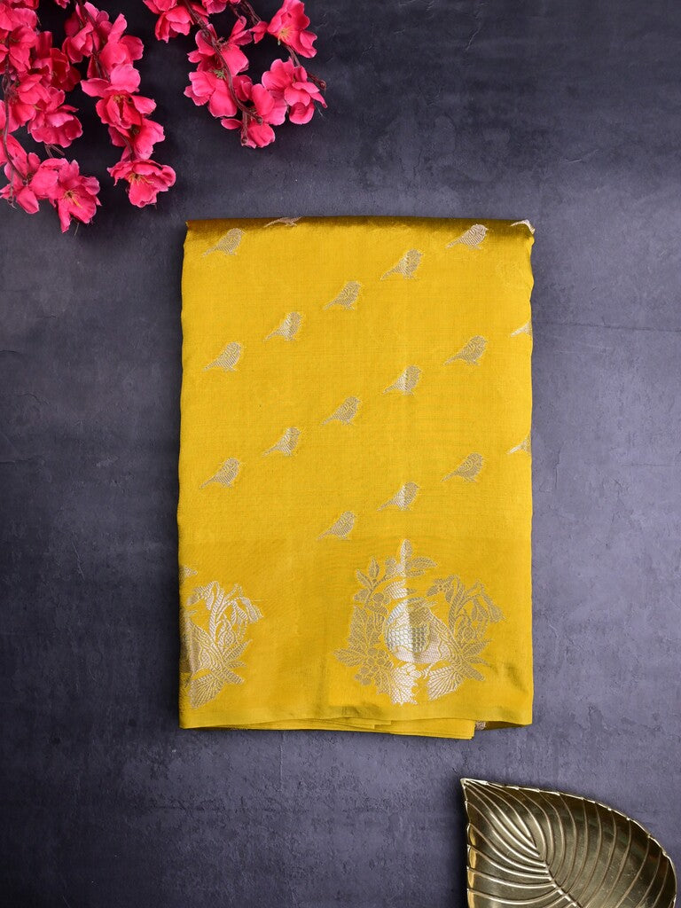 Raw mango silk fancy saree lemon yellow color allover zari weaves & zari border with short brocade pallu and brocade blouse