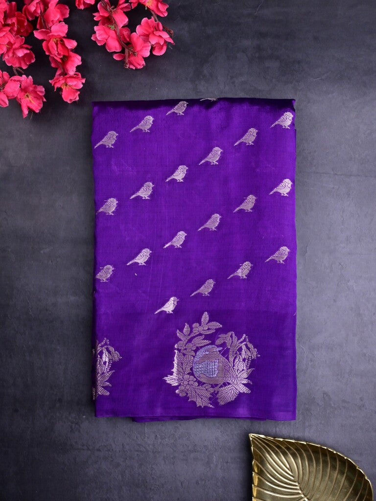 Raw mango silk fancy saree violet color allover zari weaves & zari border with short brocade pallu and brocade blouse