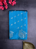 Raw mango silk fancy saree sky blue color allover zari weaves & zari border with short brocade pallu and brocade blouse