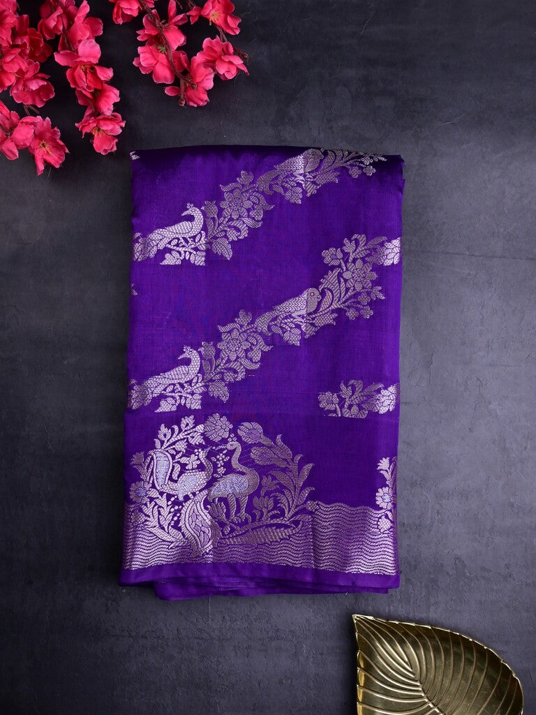 Raw mango silk fancy saree violet color allover zari weaves & zari border with short brocade pallu and brocade blouse