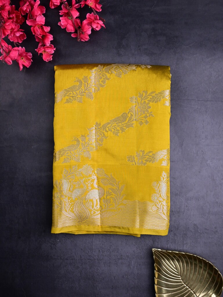 Raw mango silk fancy saree golden yellow color allover zari weaves & zari border with short brocade pallu and brocade blouse