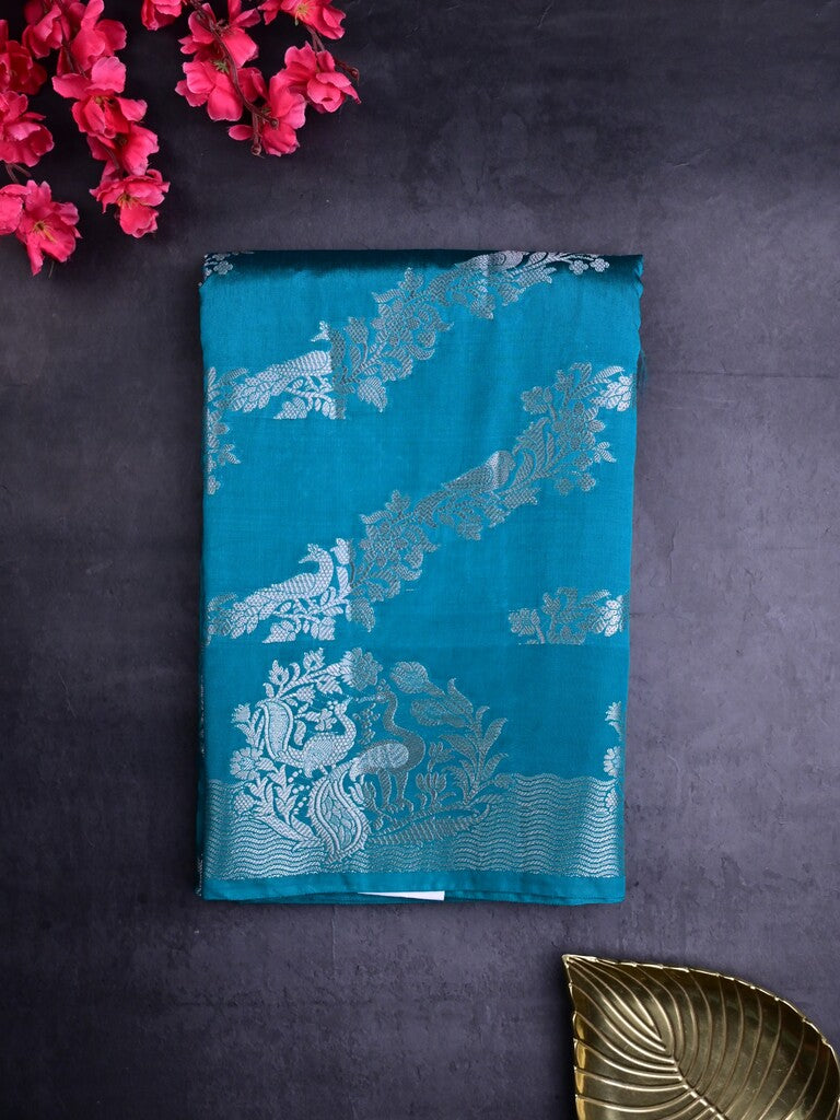 Raw mango silk fancy saree sky blue color allover zari weaves & zari border with short brocade pallu and brocade blouse