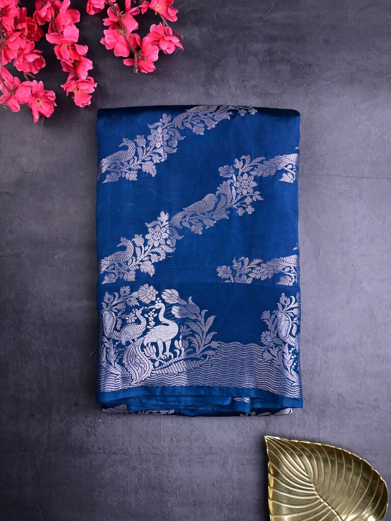 Raw mango silk fancy saree navy blue color allover zari weaves & zari border with short brocade pallu and brocade blouse