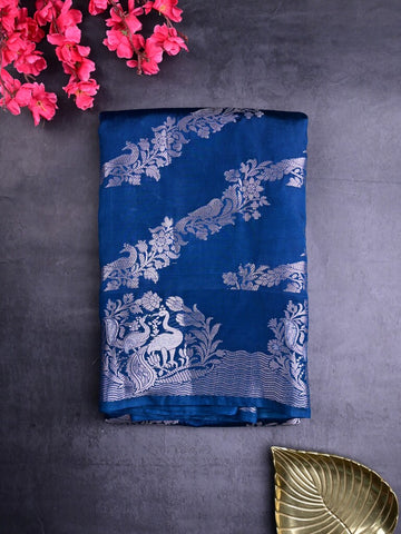 Raw mango silk fancy saree navy blue color allover zari weaves & zari border with short brocade pallu and brocade blouse