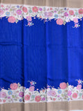 Tussar fancy saree royal blue color allover plain & printed, zari border with short pallu and contrast printed blouse