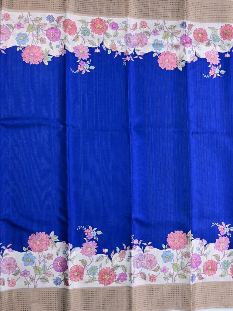 Tussar fancy saree royal blue color allover plain & printed, zari border with short pallu and contrast printed blouse