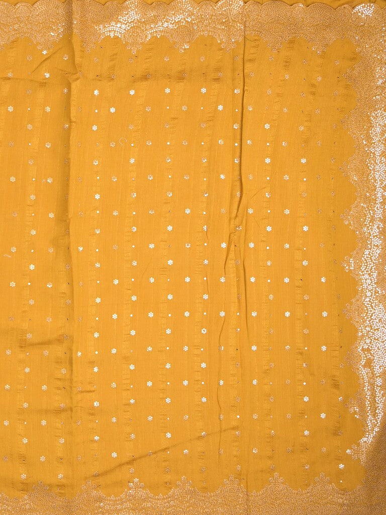 Kosa silk fancy saree golden yellow color allover mirror work & embroidery cutwork border with running pallu and attached blouse