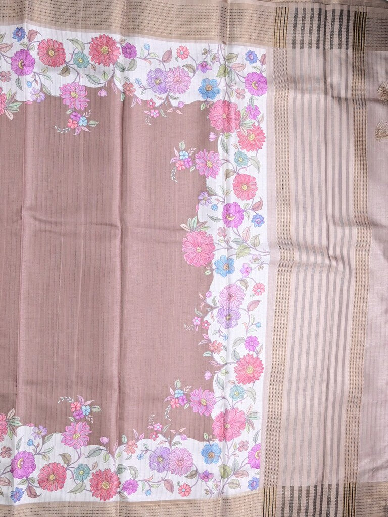 Tussar fancy saree beige color allover plain & printed, zari border with short pallu and contrast printed blouse