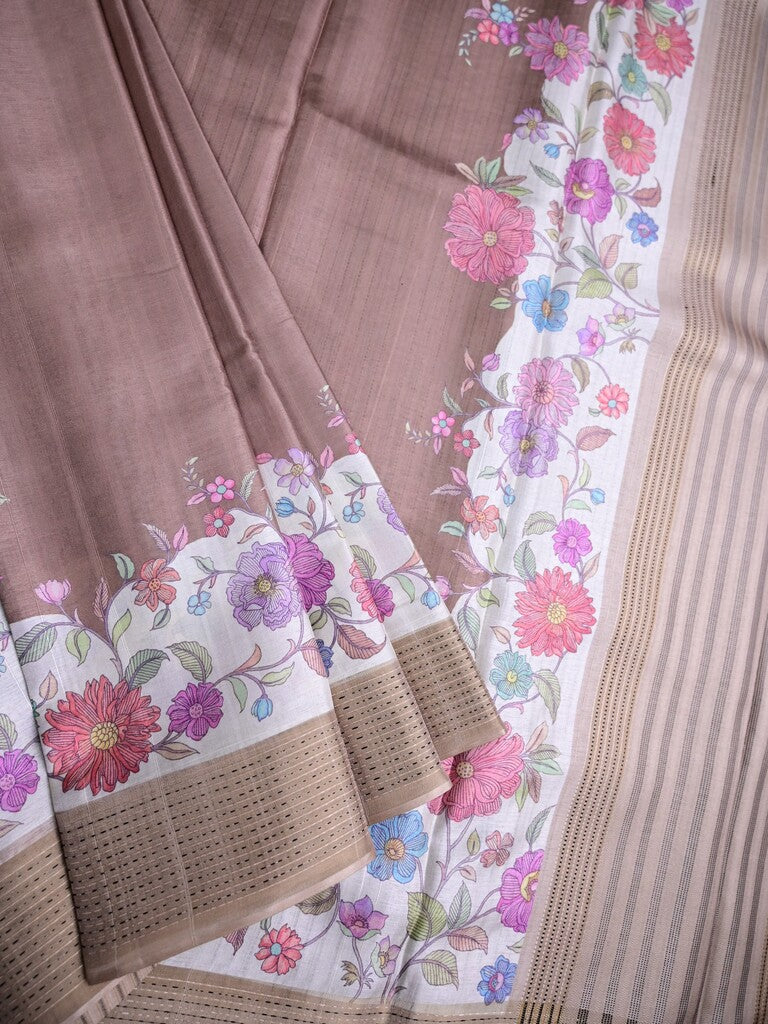 Tussar fancy saree beige color allover plain & printed, zari border with short pallu and contrast printed blouse